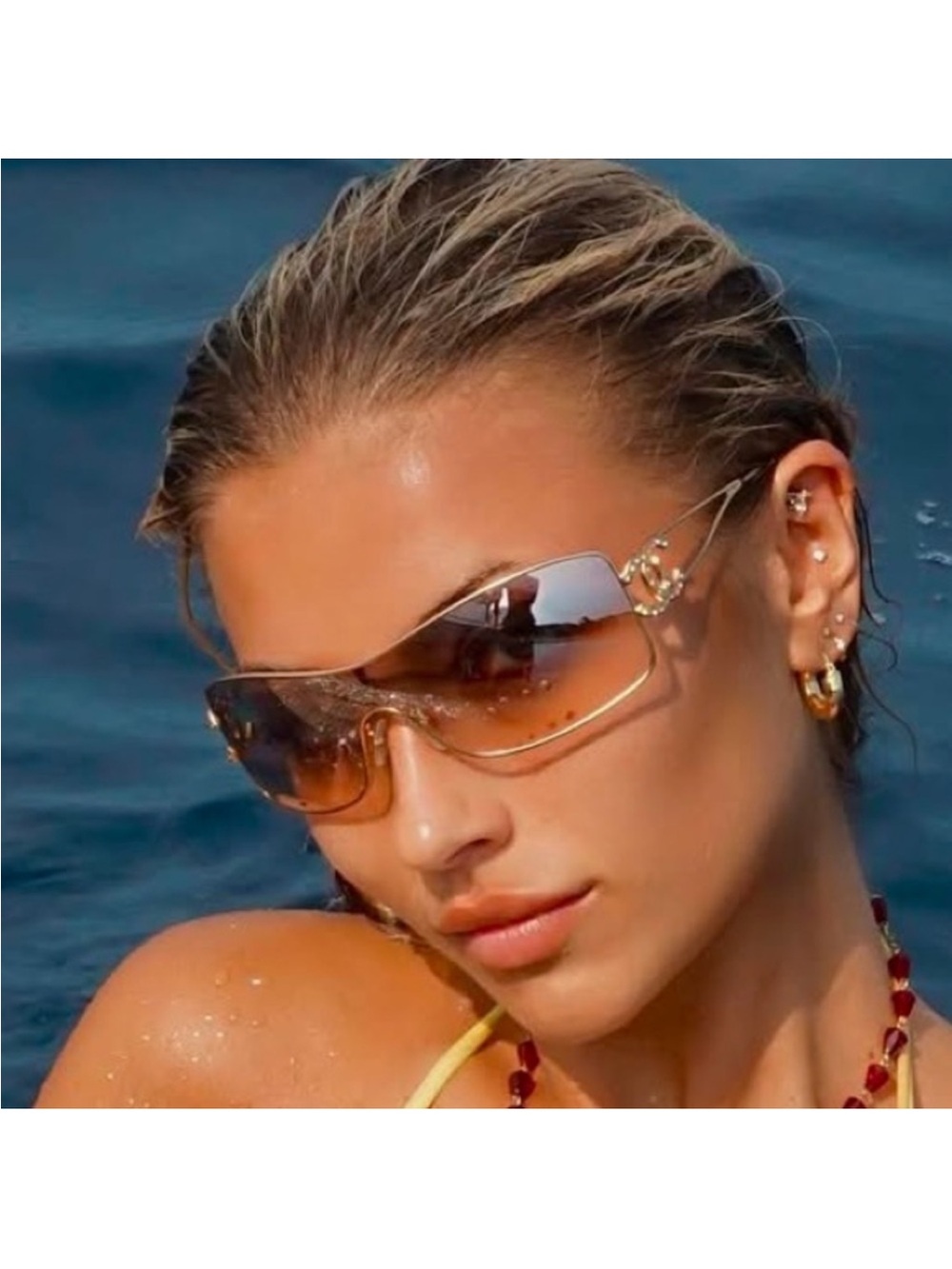 Chanel Vintage 💫Gold-Tone CC Logo Rimless Sunglasses - Gold #091 - Picture 3 of 16